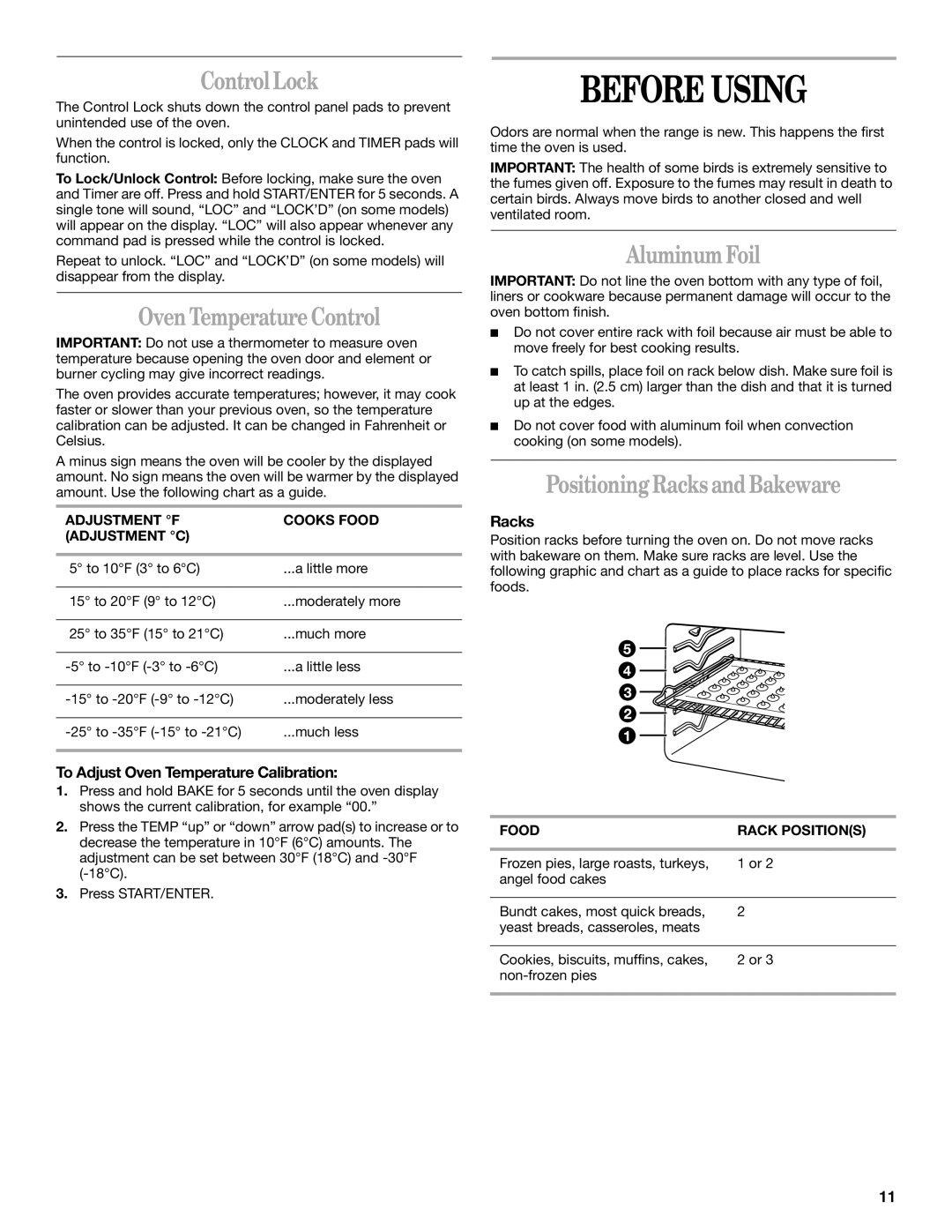 Whirlpool 8522769 manual Before Using, ControlLock, Oven Temperature Control, Aluminum Foil, Positioning Racks andBakeware 