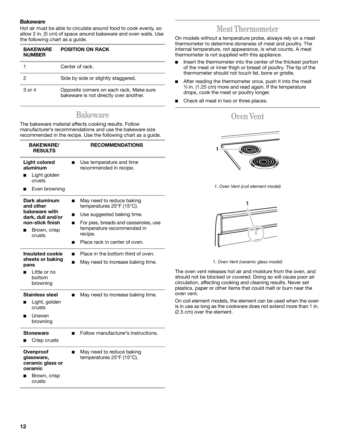 Whirlpool RF315PXK, RF314PXK, 8522769 manual MeatThermometer, Bakeware, Oven Vent 