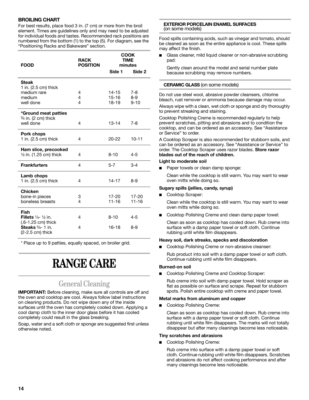 Whirlpool 8522769 manual Range Care, General Cleaning, Cook, Rack Time Food Position, Exterior Porcelain Enamel Surfaces 