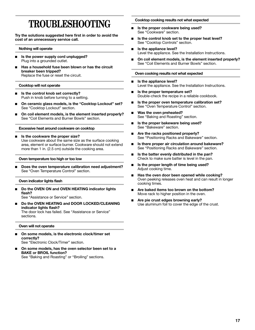 Whirlpool 8522769, RF315PXK, RF314PXK manual Troubleshooting, Is the proper temperature set? 