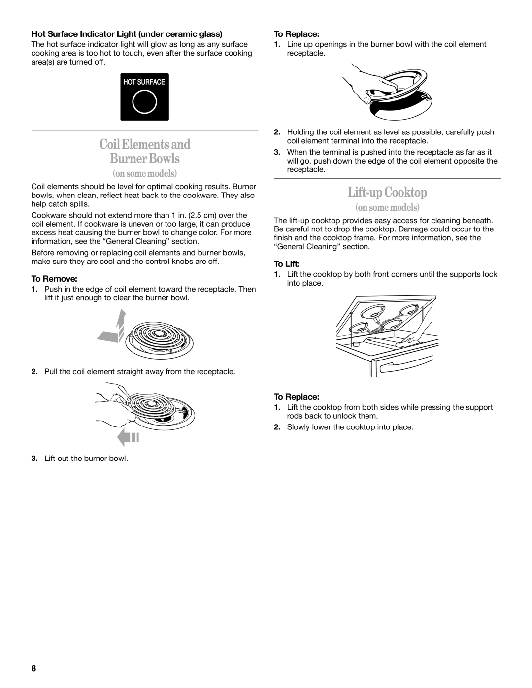 Whirlpool 8522769, RF315PXK, RF314PXK manual Coil Elements Burner Bowls, Lift-upCooktop 