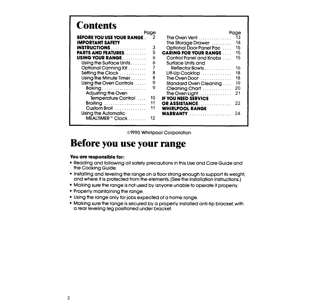 Whirlpool RF315PXX manual Contents 