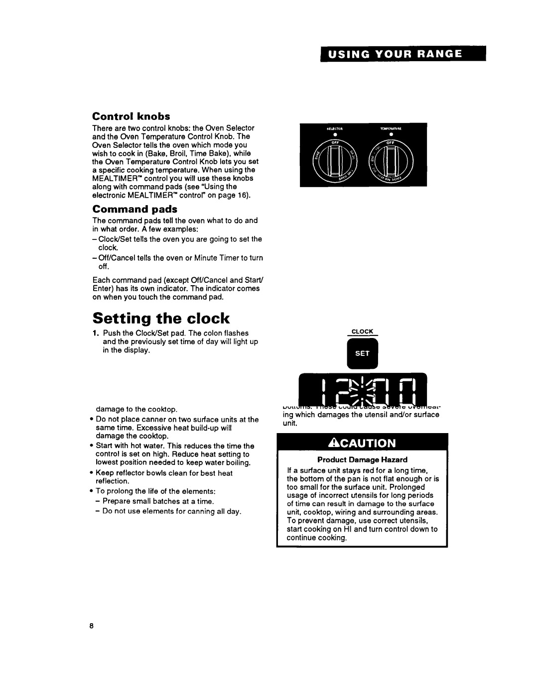 Whirlpool RF315PXY important safety instructions Setting the clock, Control knobs, Command pads 