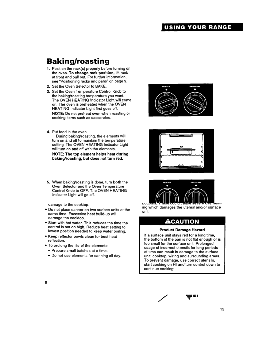 Whirlpool RF315PXY important safety instructions Baking/roasting, Adjusting the oven temperature control 