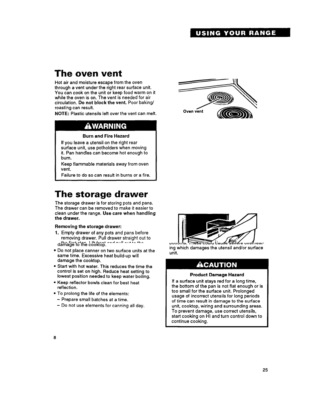 Whirlpool RF315PXY important safety instructions Oven vent, Storage drawer 