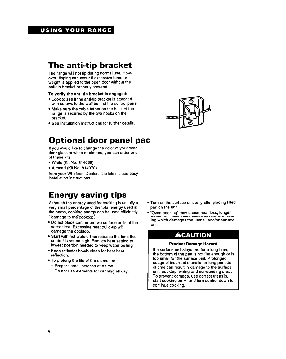 Whirlpool RF315PXY important safety instructions Anti-tip bracket, Optional door panel pat, Energy saving tips 