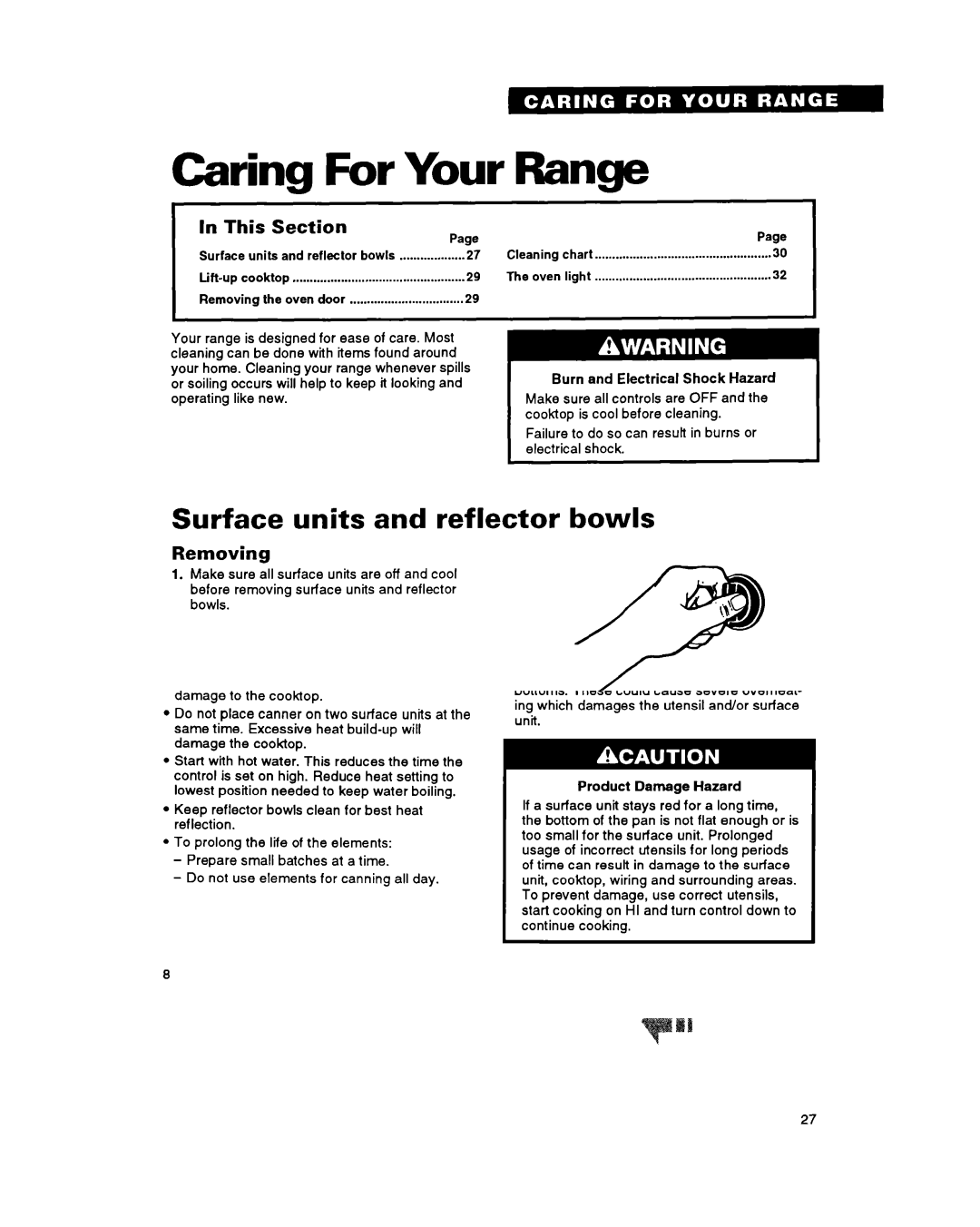 Whirlpool RF315PXY important safety instructions Surface units and reflector bowls, This Section, Removing 