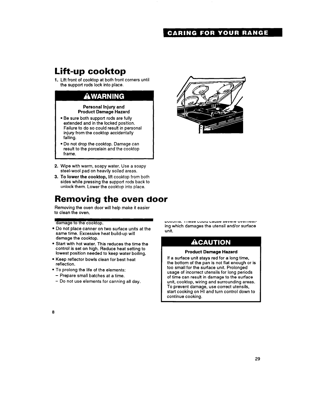 Whirlpool RF315PXY important safety instructions Lift-up cooktop, Removing the oven door 