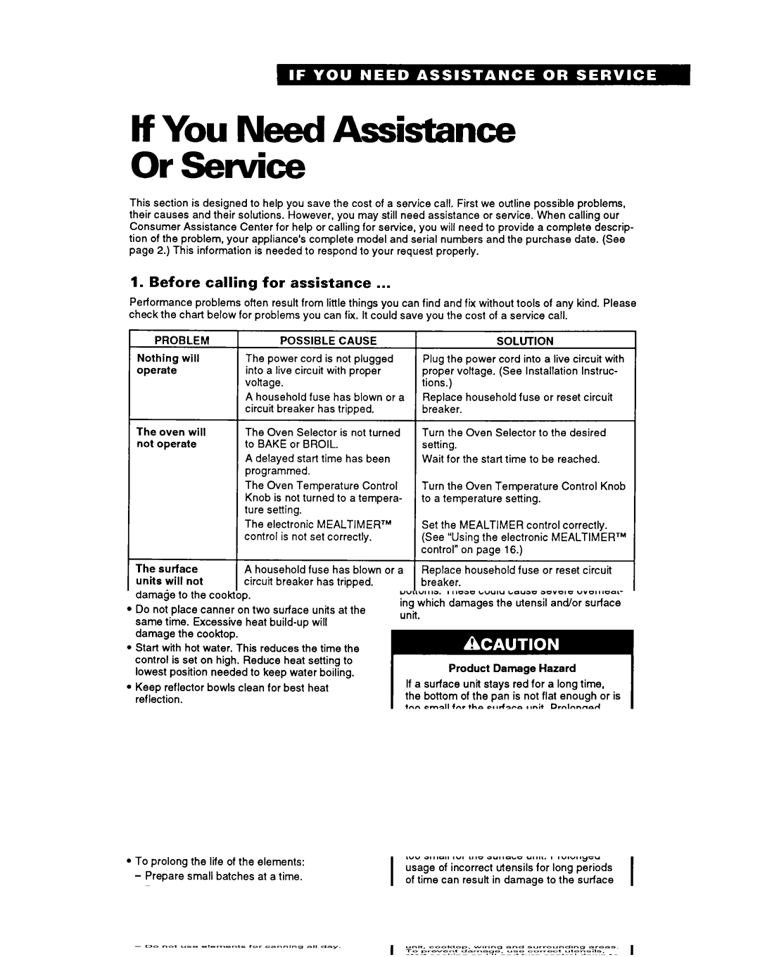 Whirlpool RF315PXY important safety instructions Before calling for assistance, Problem, Possible Cause, Solution 