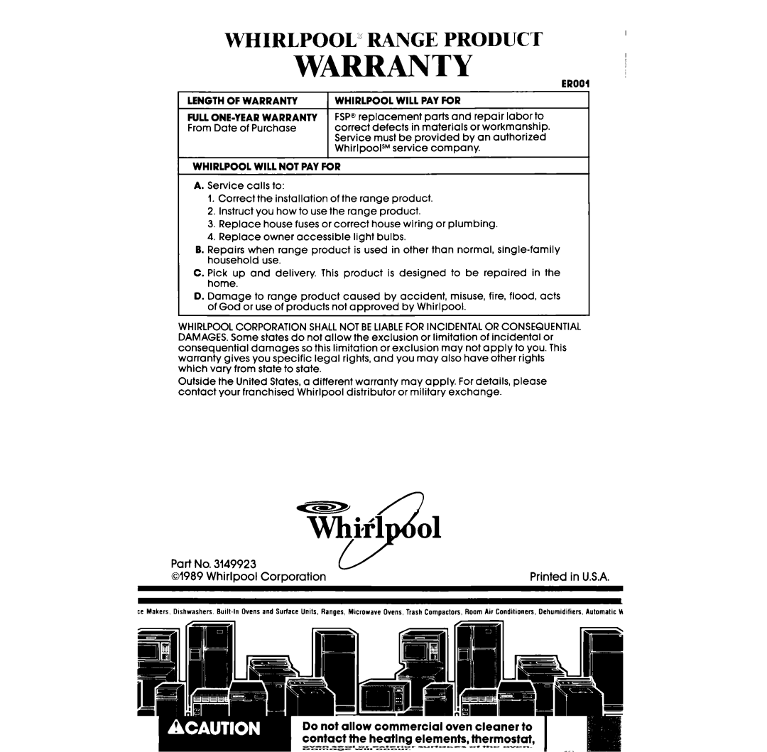 Whirlpool RF3165XW manual Warranty 