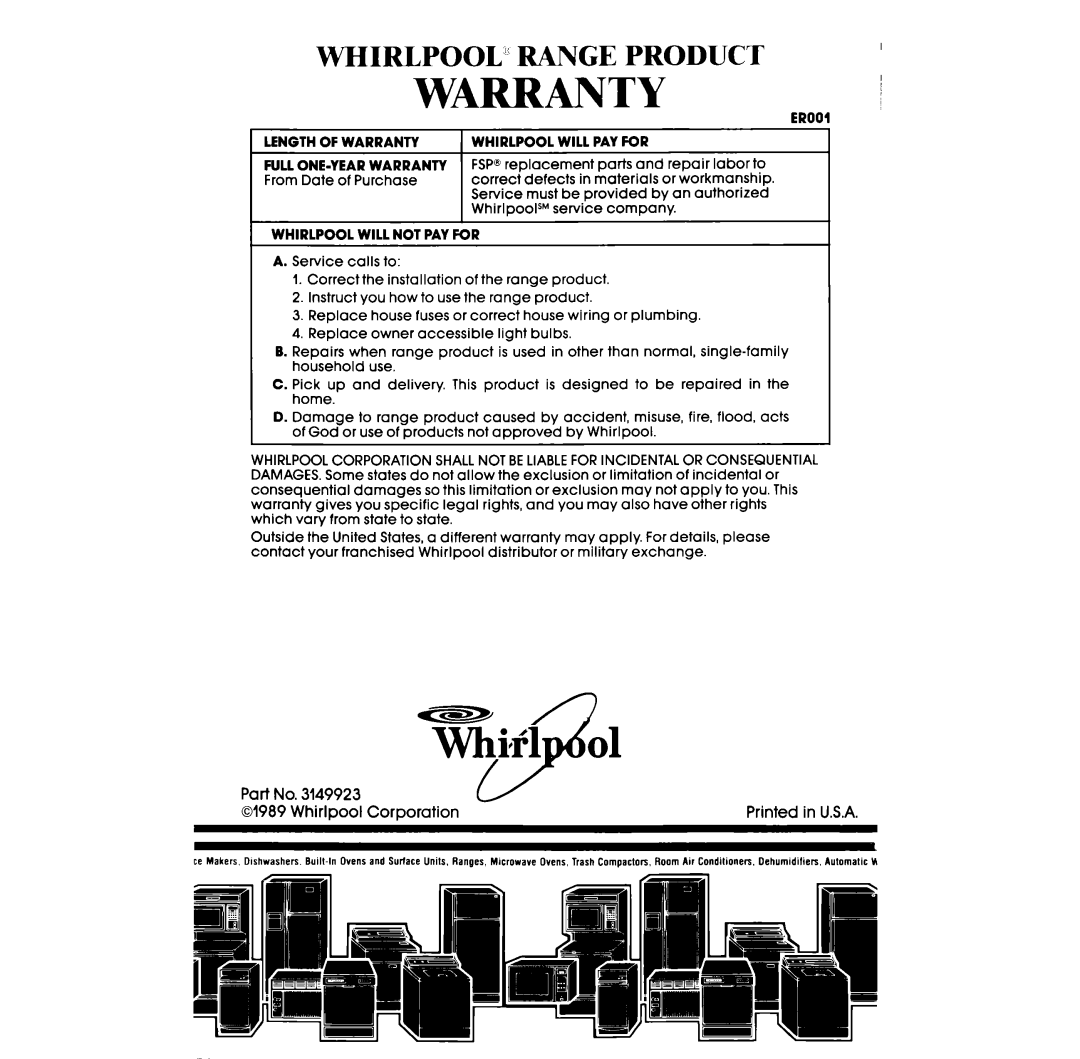 Whirlpool RF3165XW manual Whirlpool” Range Product, Warranty 