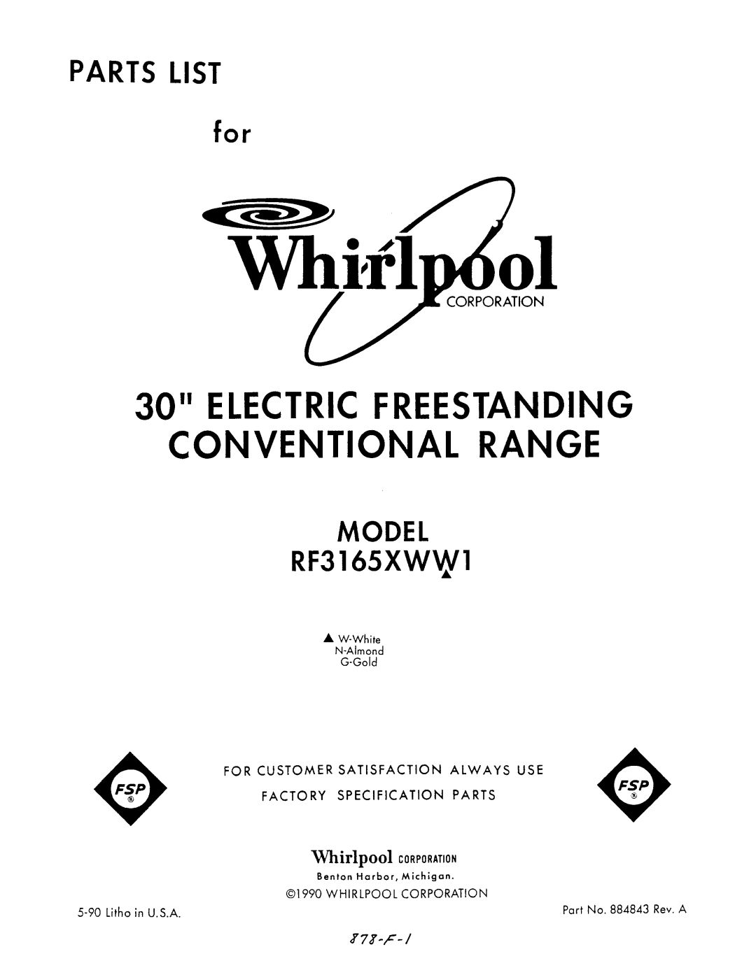 Whirlpool RF3165XWW1 manual 
