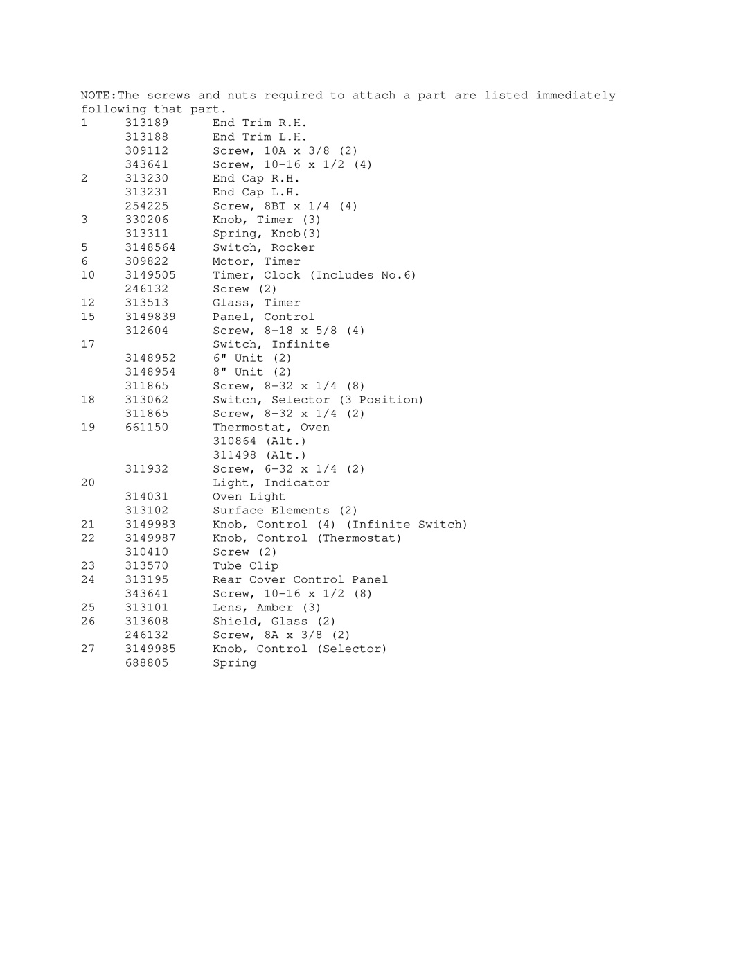 Whirlpool RF3165XWWO manual Required to attach a part are listed immediately 