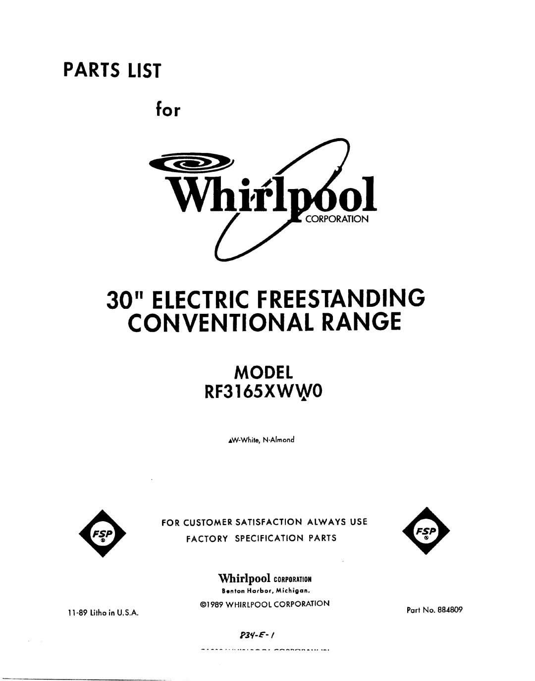 Whirlpool RF3165XWWO manual 