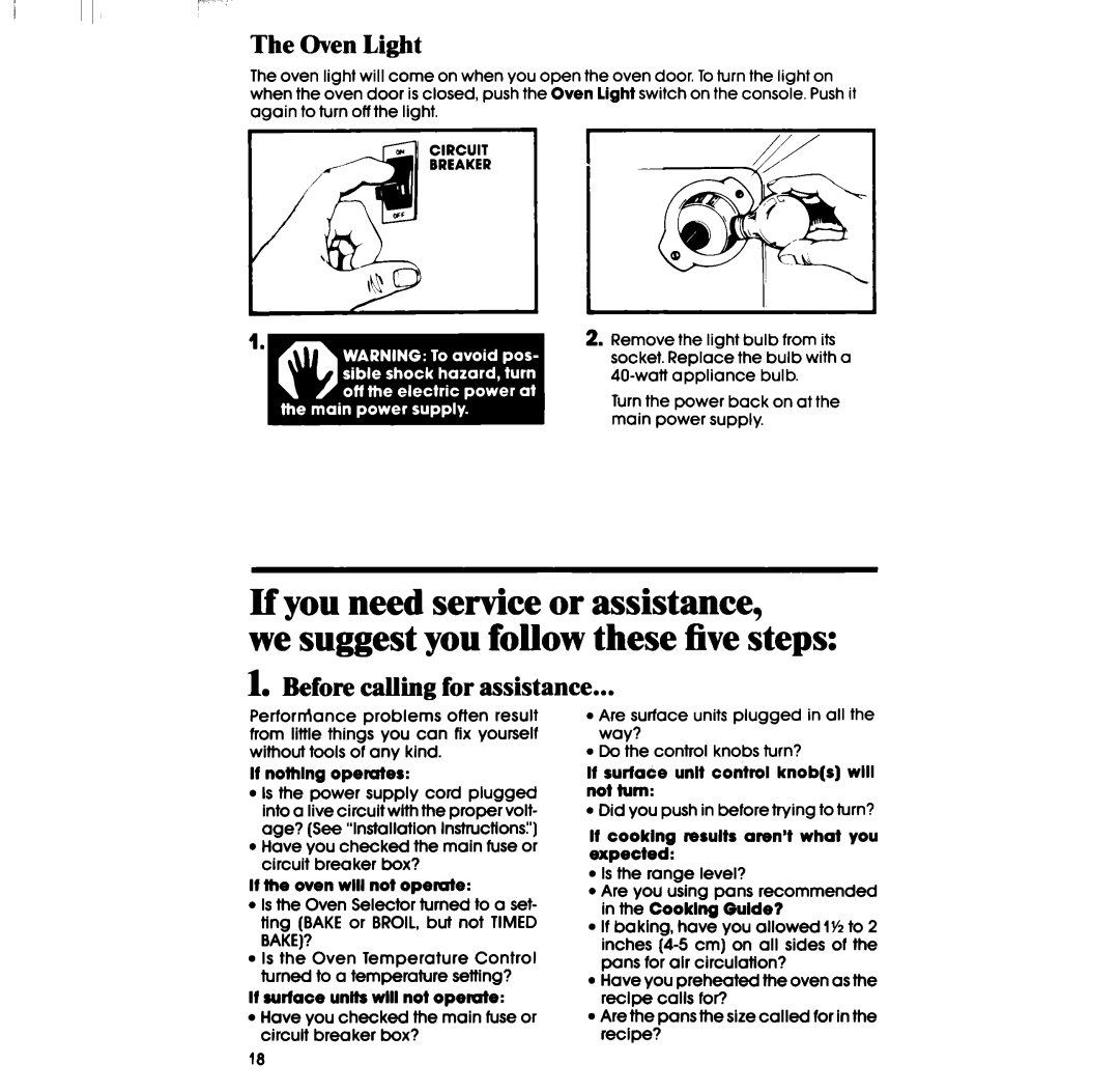 Whirlpool RF316PXP manual Oven Light, Before ding for assistance 