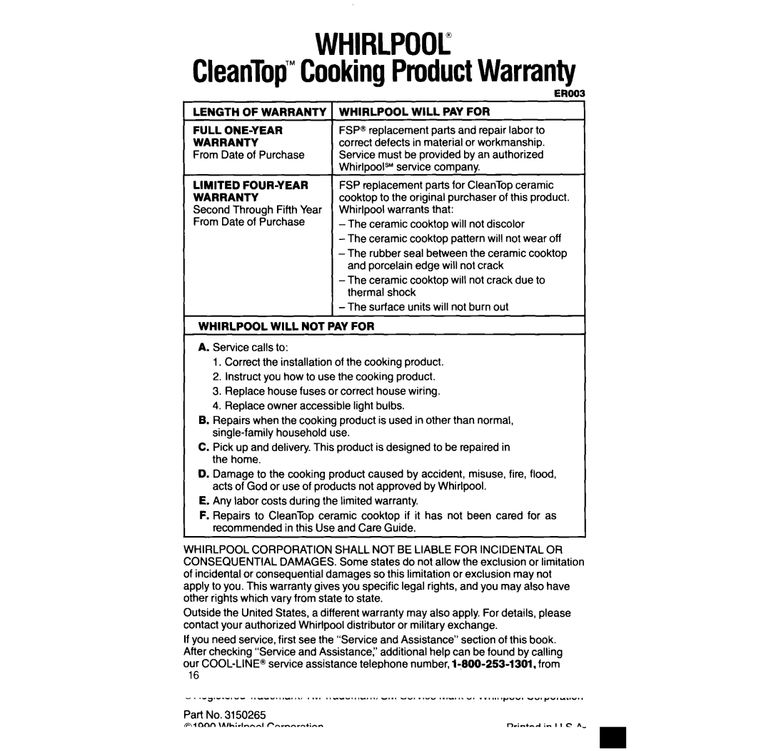 Whirlpool RF316Pxx manual CleanTop’CookingProductWarranty, From Date of Purchase 