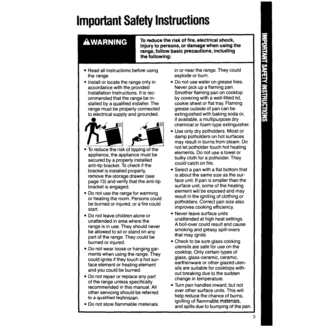 Whirlpool RF316Pxx manual ImportantSafetyInstructions, Fb?.Jb?.J~/d/d&~, Spills due to bumping of the pan 