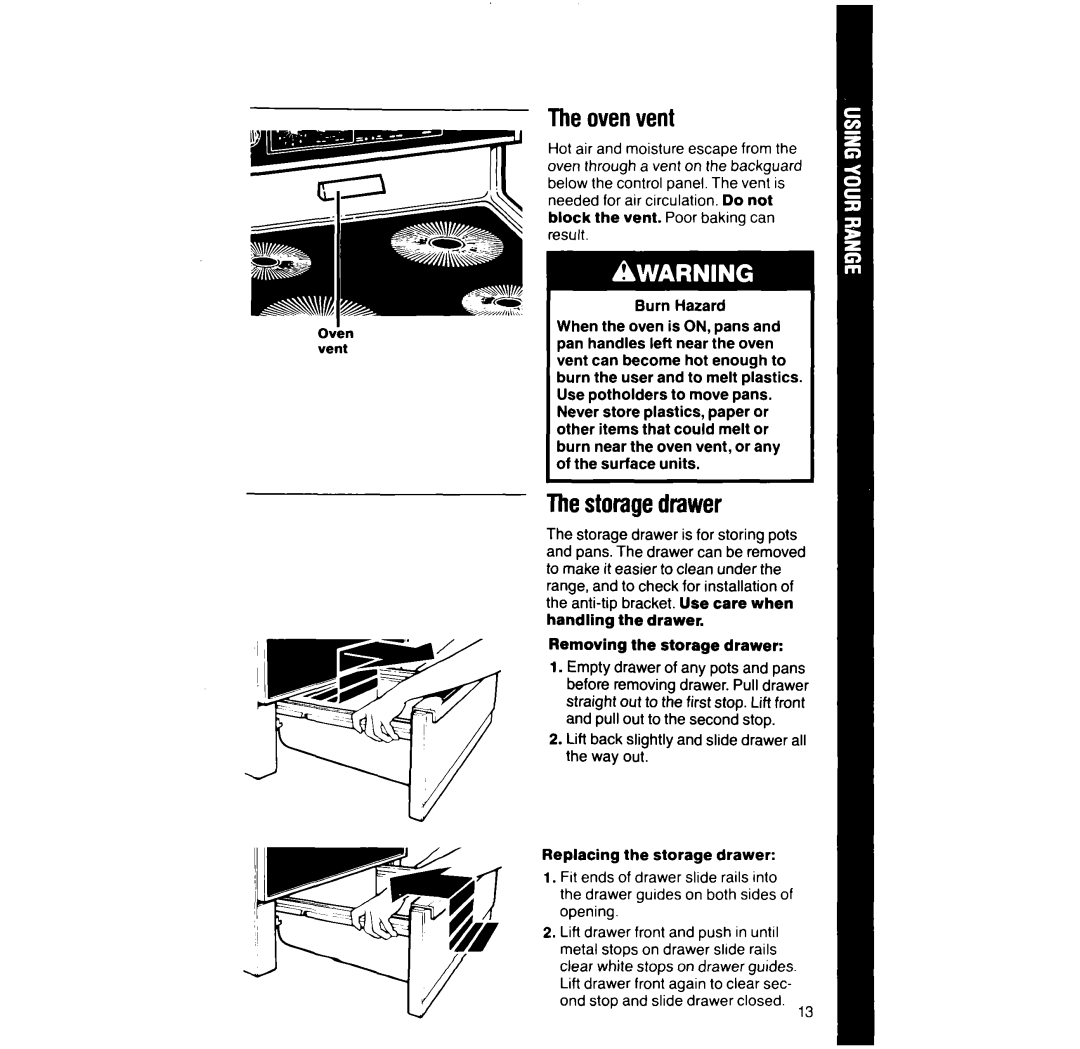 Whirlpool RF316Pxx manual Theovenvent, Thestoragedrawer 