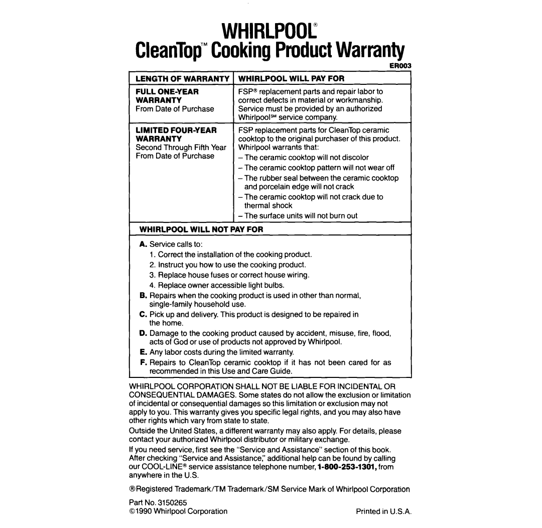 Whirlpool RF316Pxx manual WHIRLPOOC CleanTop’”CookingProductWarranty 