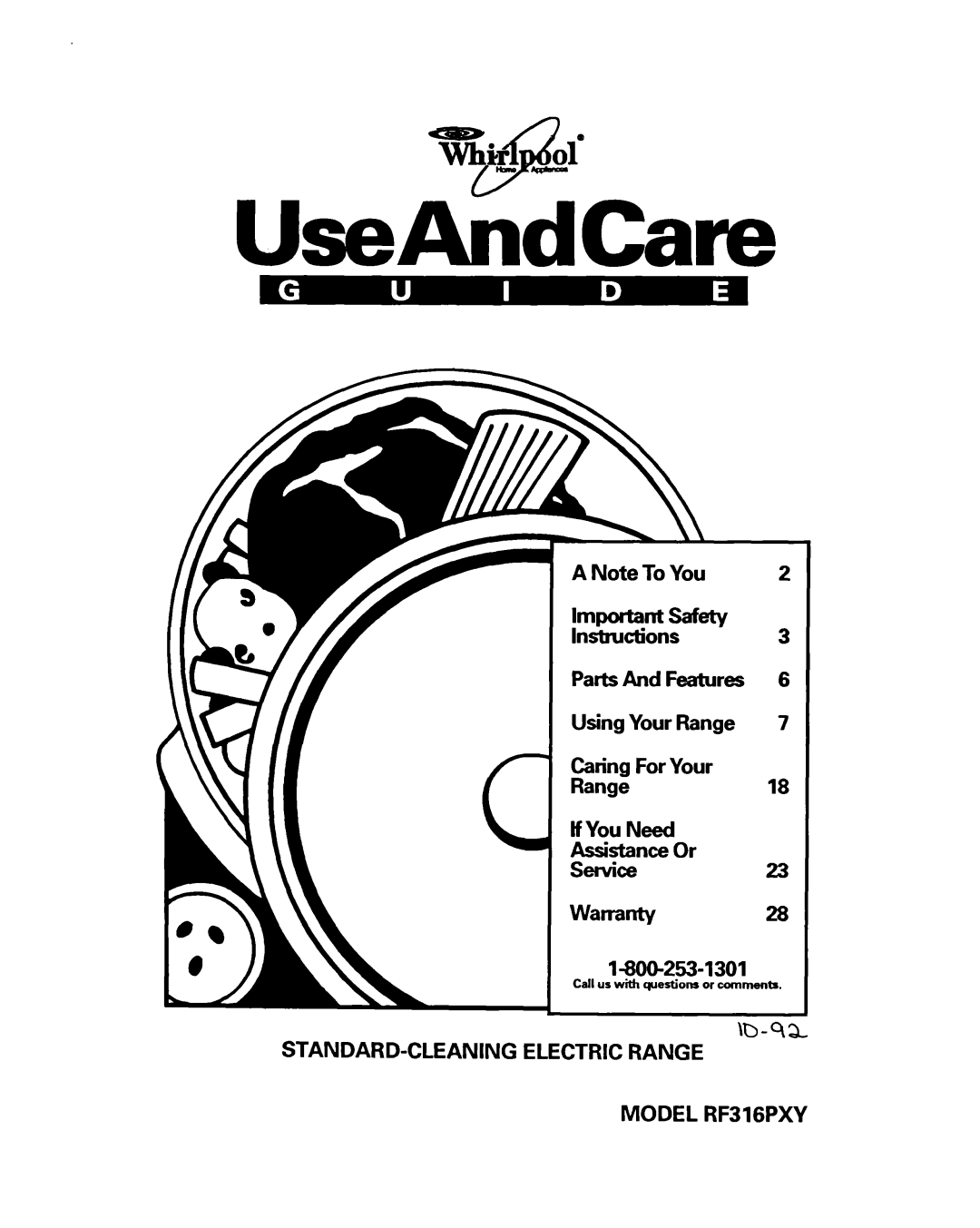 Whirlpool manual STANDARD-CLEANING Electric Range Model RF316PXY 