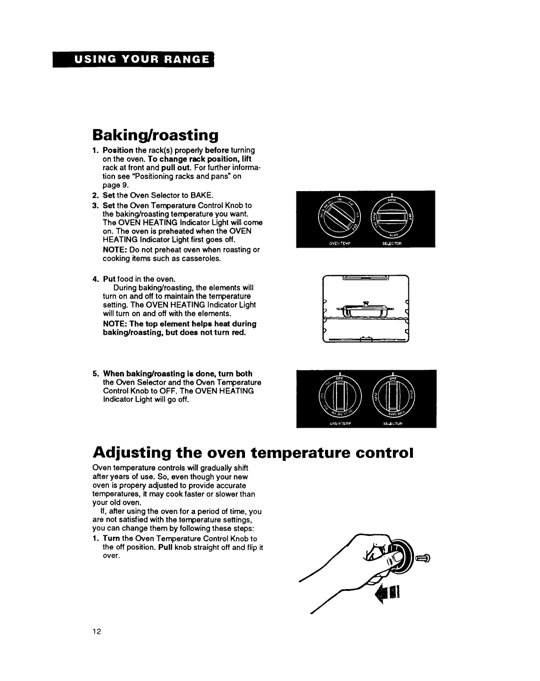 Whirlpool RF316PXY manual Baking/roasting, Adjusting the oven temperature control 