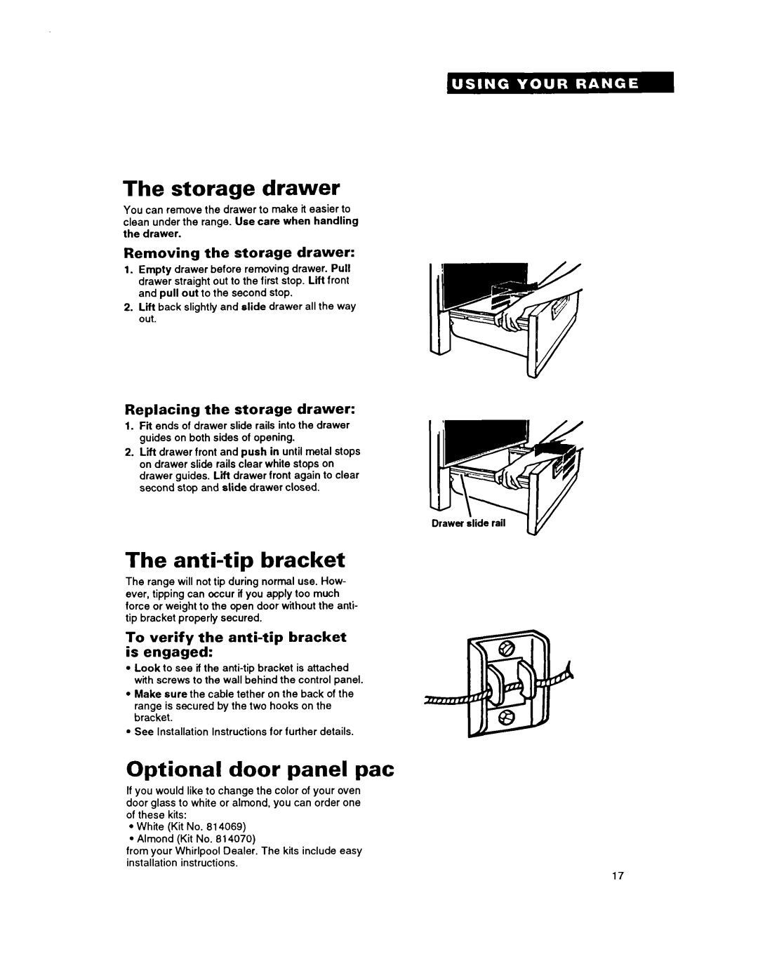 Whirlpool RF316PXY manual Storage drawer, Anti-tip bracket, Optional door panel pat 