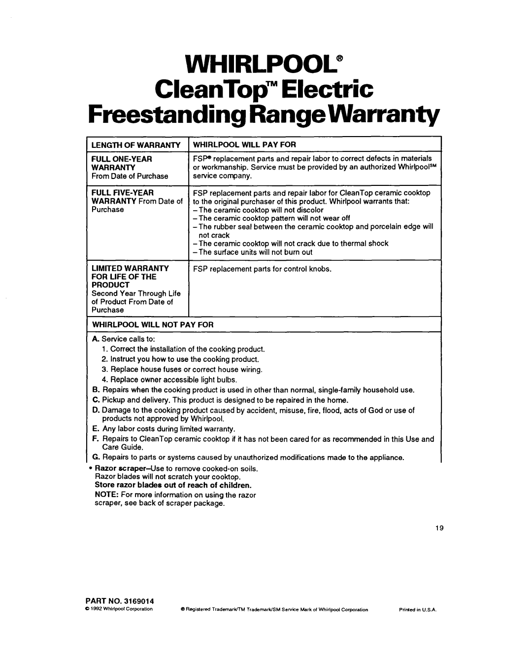 Whirlpool RF316PXY manual CleanTop Electric Freestanding Range Warranty 