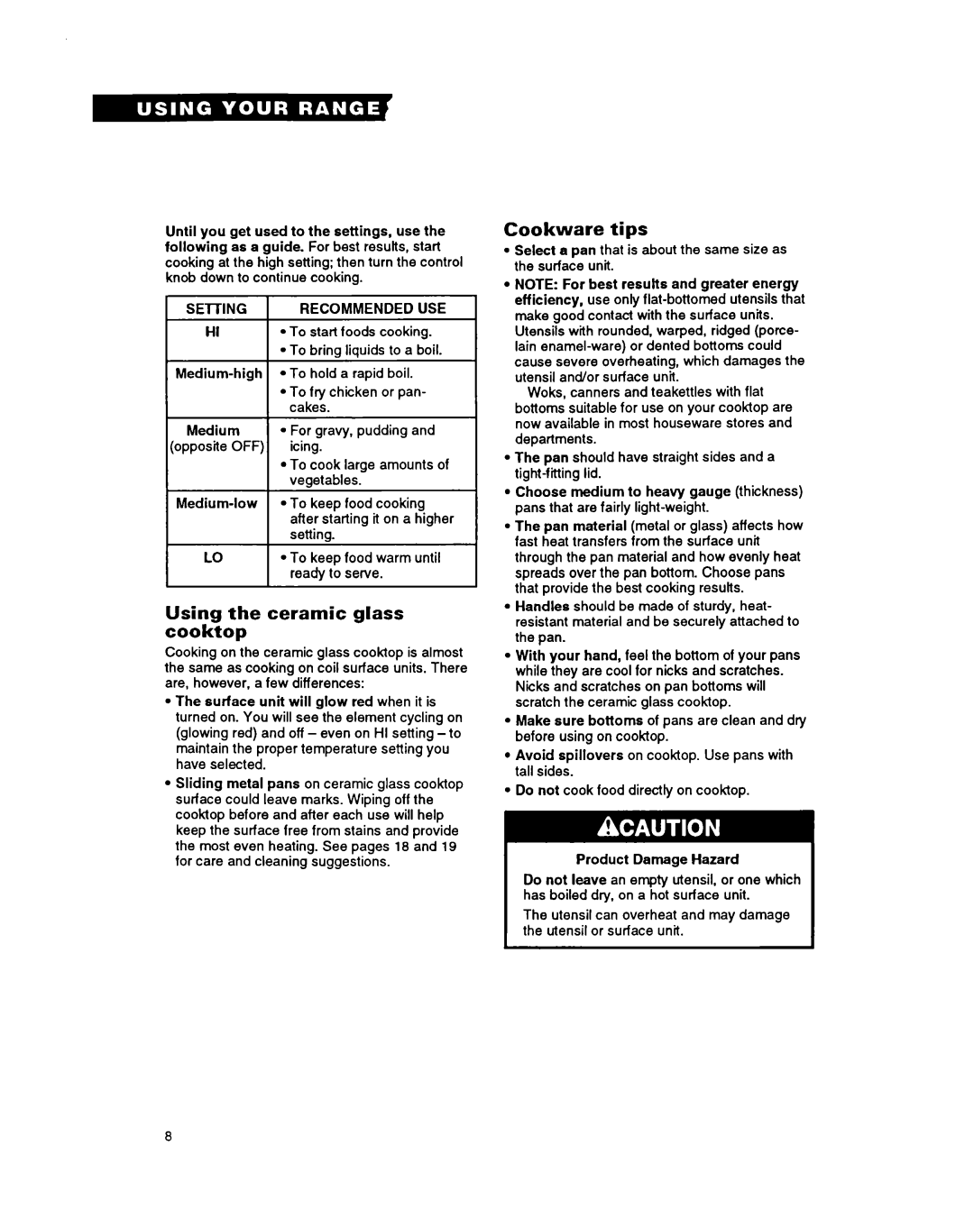 Whirlpool RF316PXY manual Tips, Using the ceramic glass cooktop 