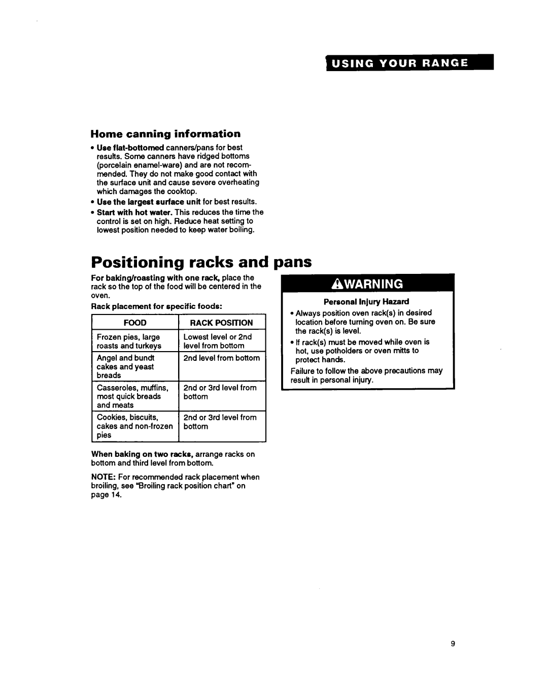 Whirlpool RF316PXY manual Positioning racks, Pans, Home canning information, Food 