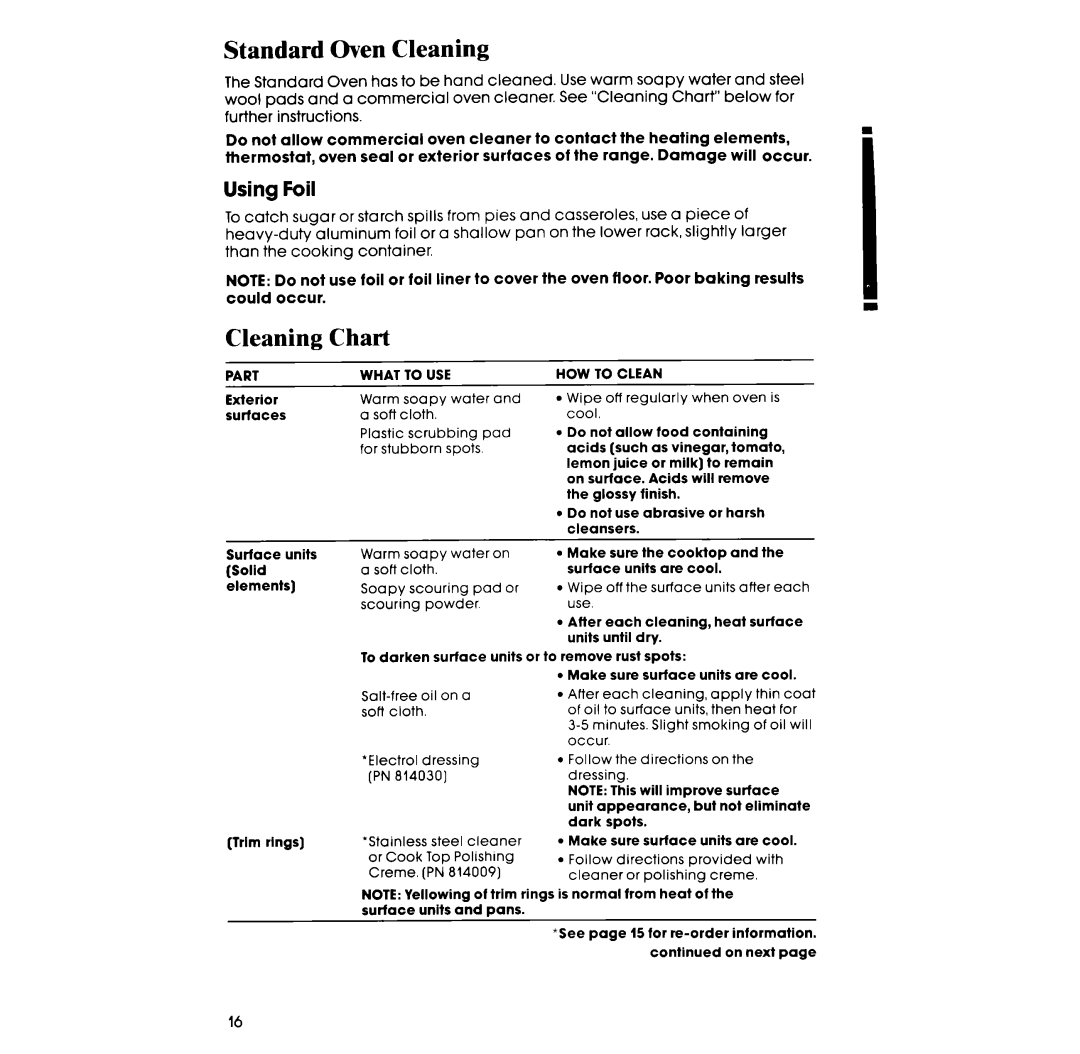 Whirlpool RF317PXV manual Standard Oven Cleaning, Cleaning Chart, Using Foil 