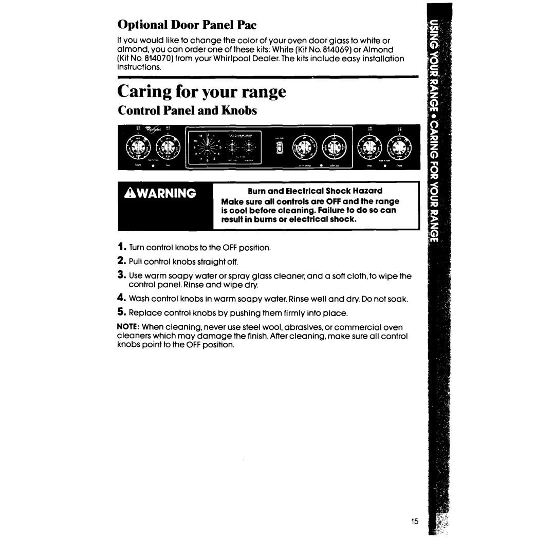 Whirlpool RF317PXW manual Caring for your range, Optional Door Panel Pat, Control Panel and Knobs 