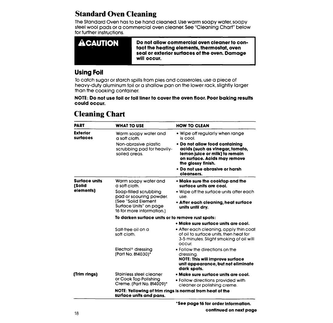 Whirlpool RF317PXW manual Standard Oven Cleaning, Cleaning Chart, Using Foil 