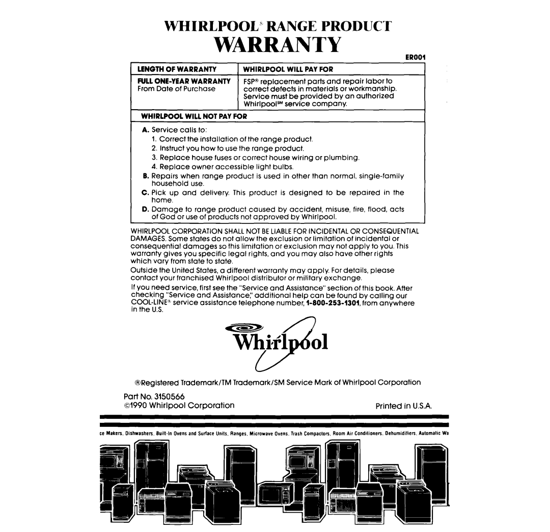 Whirlpool RF317PXW manual Warranty 