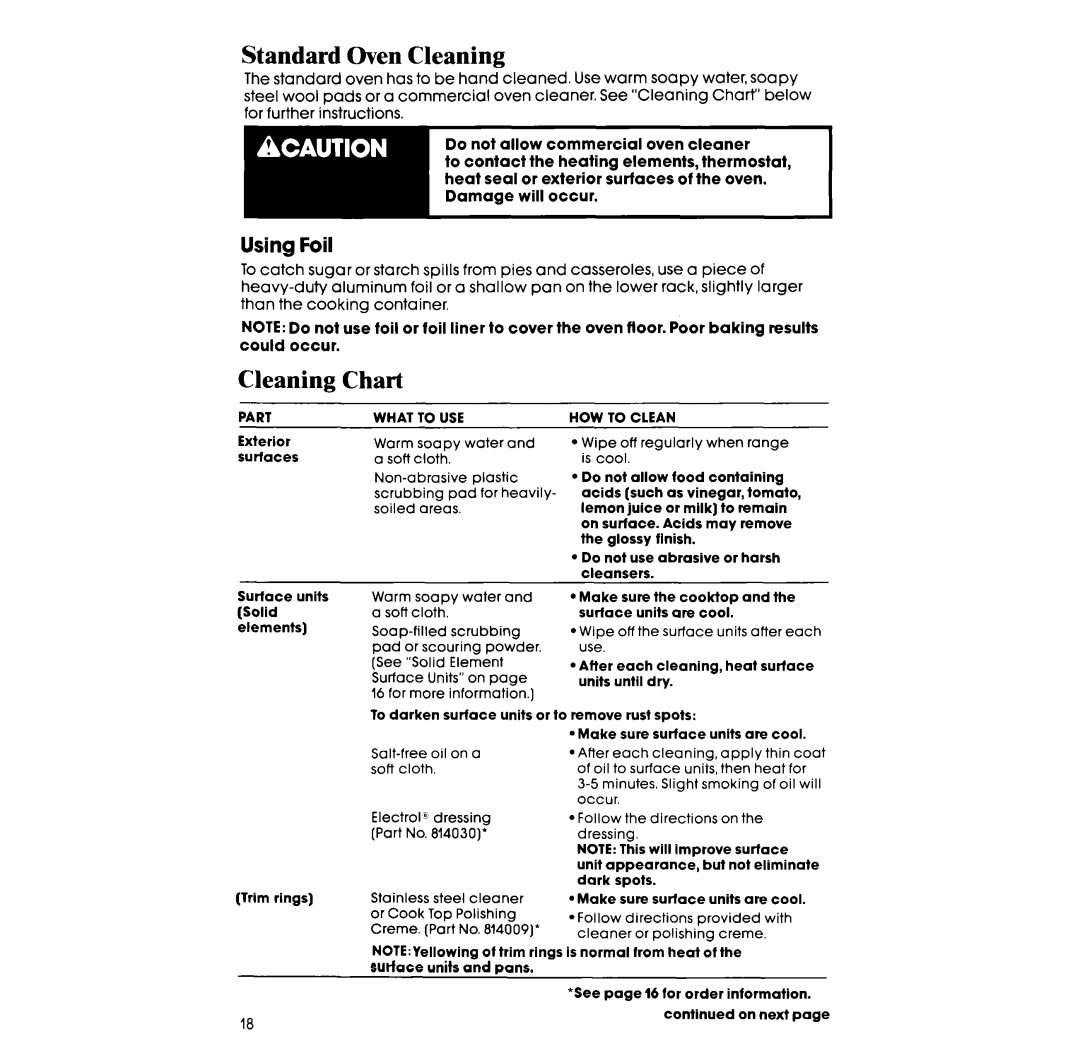 Whirlpool RF317PXX manual Standard Oven Cleaning, Cleaning Chart, Using Foil 