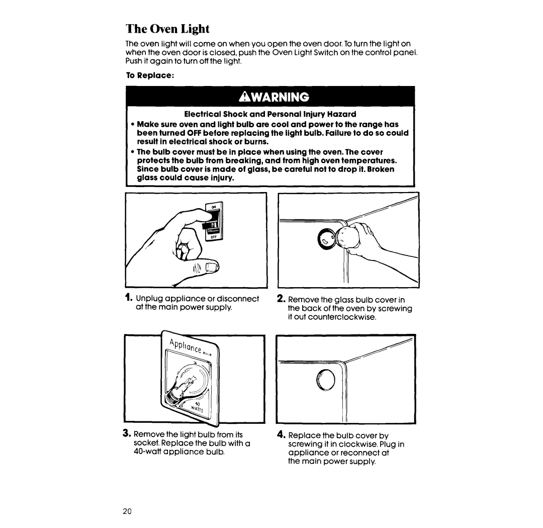 Whirlpool RF317PXX manual Oven Light 