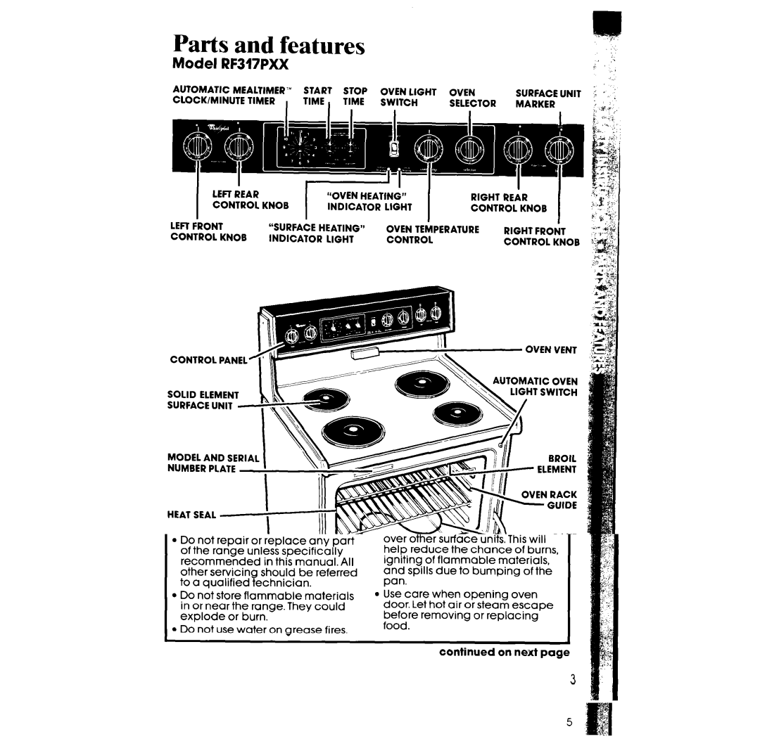 Whirlpool manual Parts and features, Model RF317PXX 