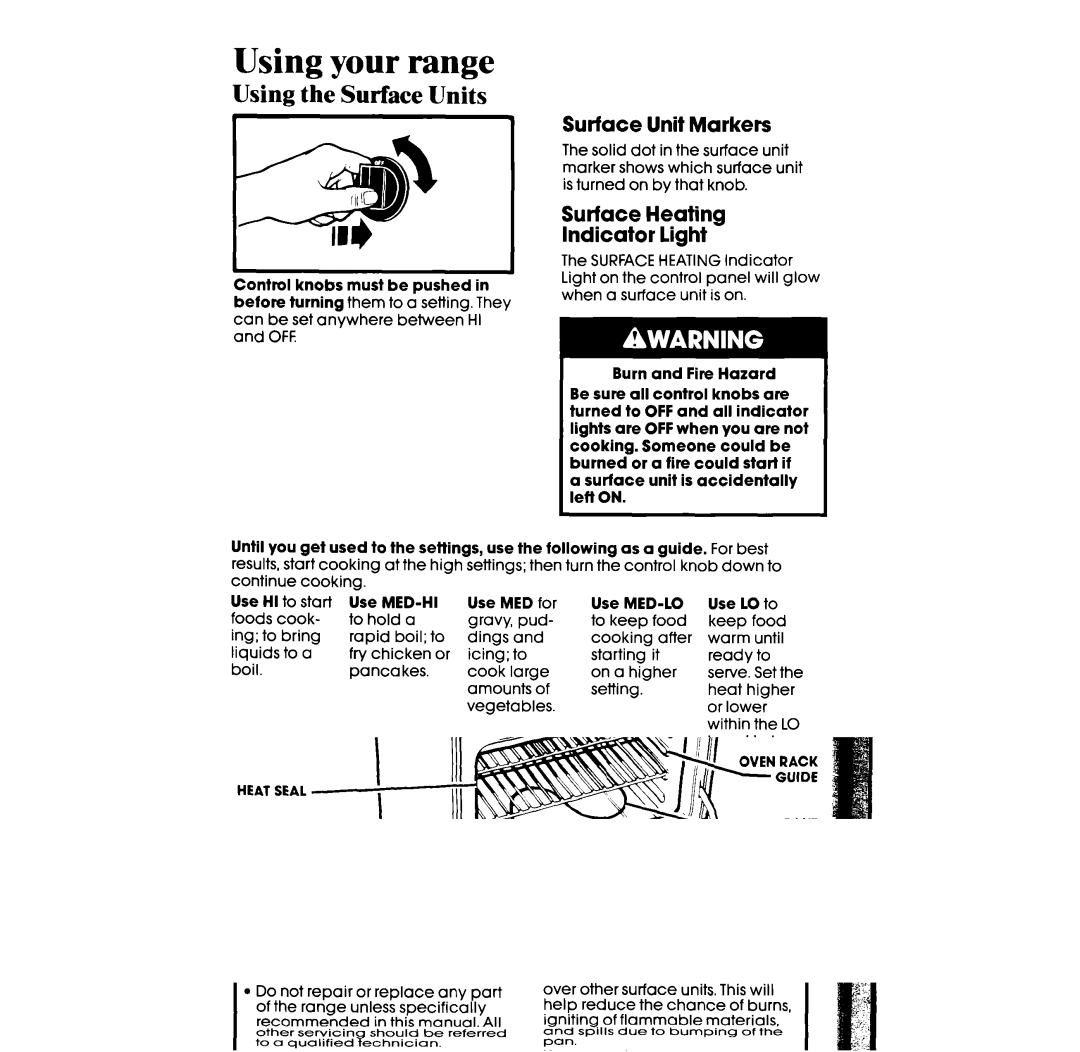 Whirlpool RF317PXX Using your range, Using the Surface Units, Surface Unit Markers, 111, Surface Heating Indicator light 