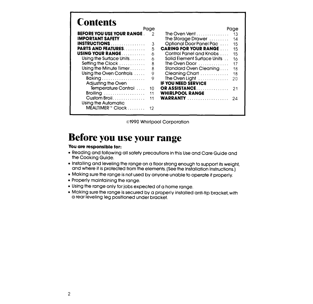 Whirlpool RF317PXX manual Contents, Before you use your range 