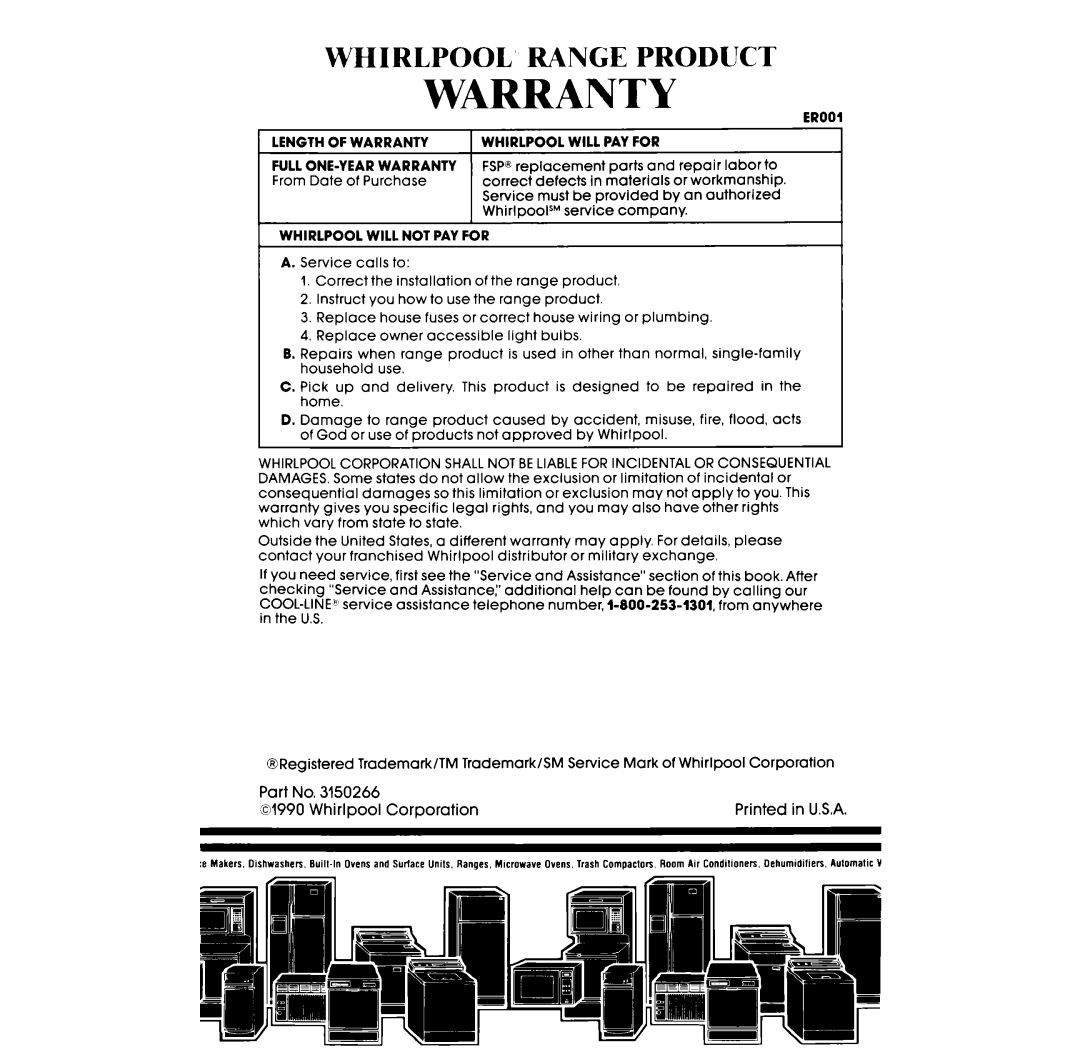 Whirlpool RF317PXX manual Whirlpool’ Range Product, Warranty 