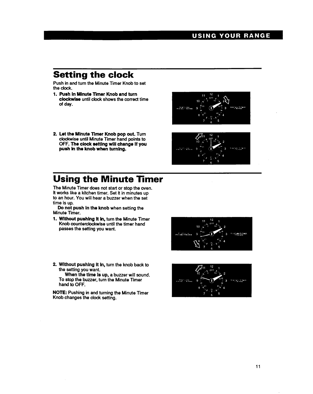 Whirlpool RF310PXY, RF31OBXY warranty Setting the clock, Using the Minute Timer, Push In Minute Tlmer Knob and turn 