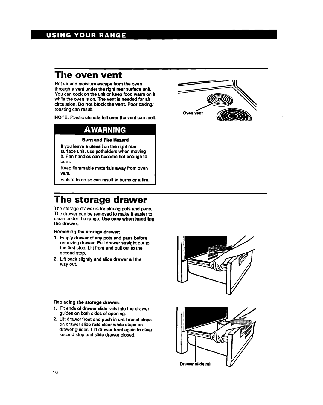 Whirlpool RF31OBXY, RF310PXY warranty Oven vent, Storage drawer, Burn and Fire l-&zard, Removing the storage drawer 