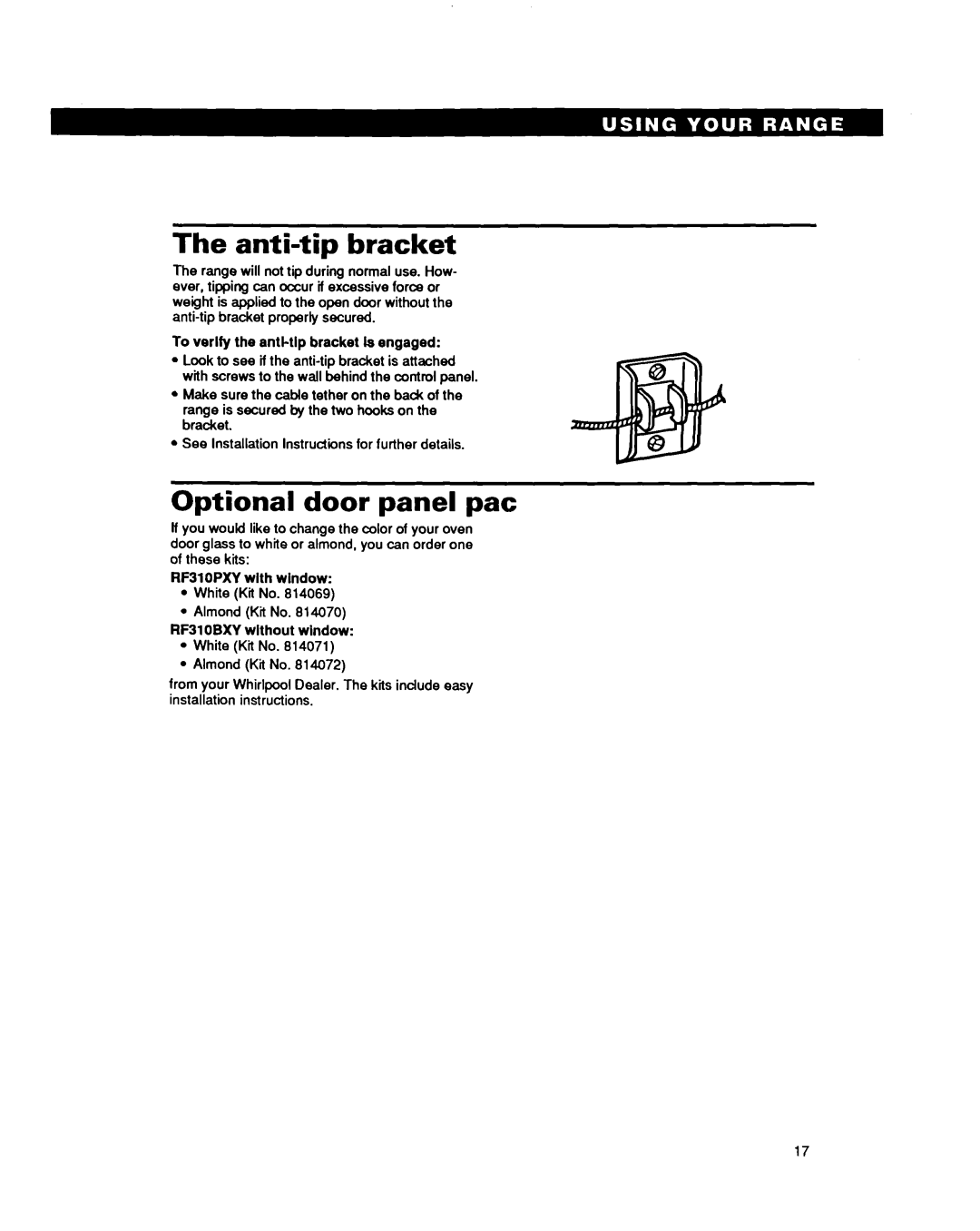 Whirlpool RF310PXY, RF31OBXY warranty Anti-tip bracket, Optional door panel pat, To verify the anti-tlp bracket ls engaged 