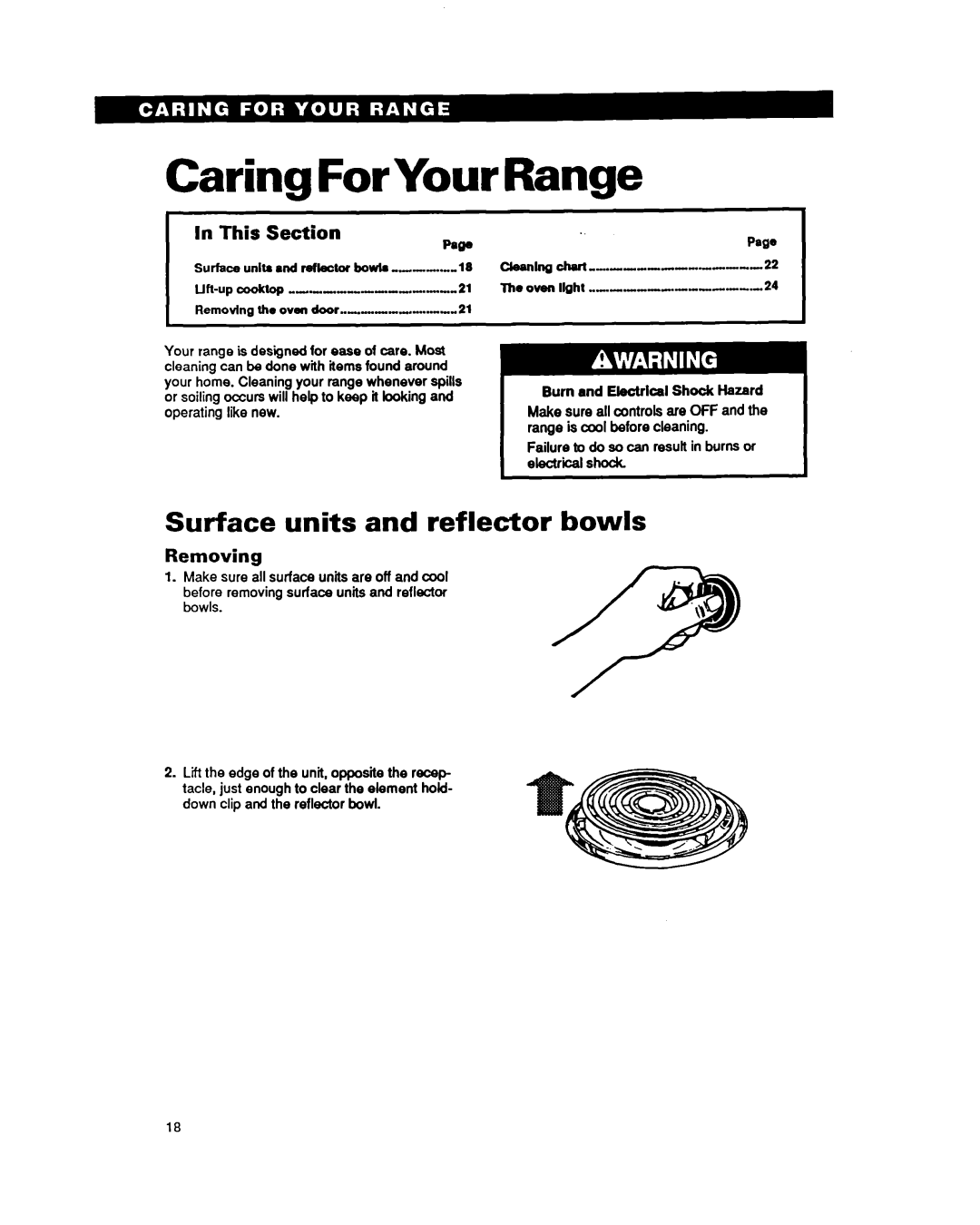 Whirlpool RF31OBXY, RF310PXY Caring, Range, Surface units and reflector bowls, Removing, Burn and ElectrIcal Shock Hazard 