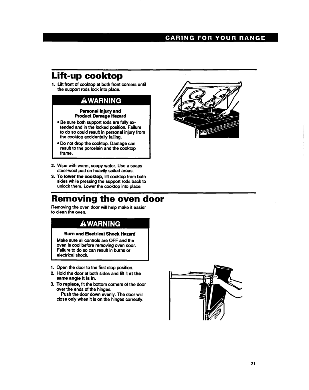 Whirlpool RF310PXY, RF31OBXY warranty Lift-up cooktop, Removing the oven door, F4monal InJury Procluot Damage Hazard 