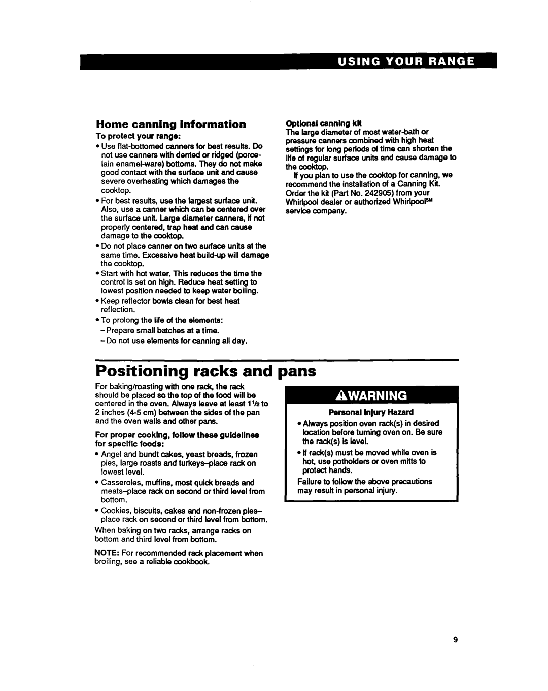 Whirlpool RF310PXY, RF31OBXY warranty Positioning racks, Pans, Home canning information 