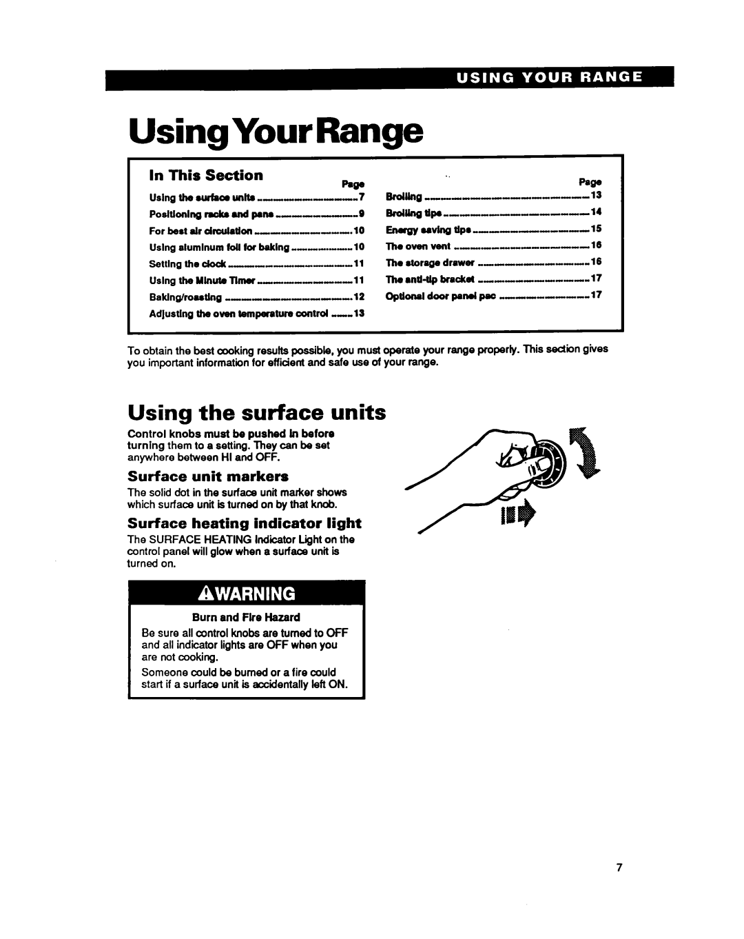 Whirlpool RF310PXY UsingYourRange, Using the surface units, This, Section, Surface unit markers, Burn and Fire Hazard 