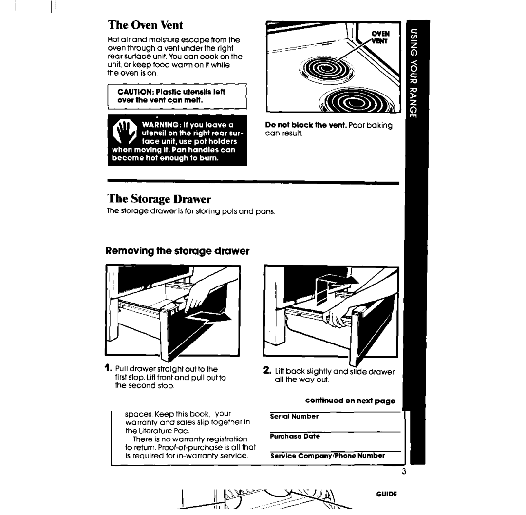 Whirlpool RF310PXP, RF31OOXP, RF313PXPT manual Oven Vent, Storage Drawer, Removing the storage drawer 