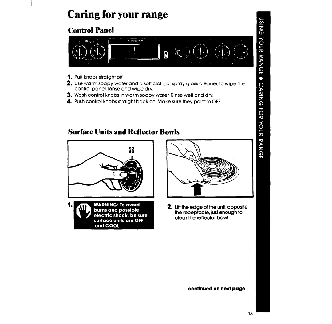 Whirlpool RF313PXPT, RF31OOXP, RF310PXP manual Caring for your range, Control Panel, Surface Units and Reflector Bowls 