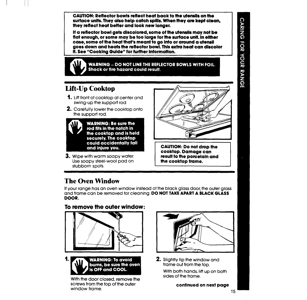 Whirlpool RF31OOXP, RF313PXPT, RF310PXP manual Lift-Up Cooktop, Oven Window, To remove the outer window 