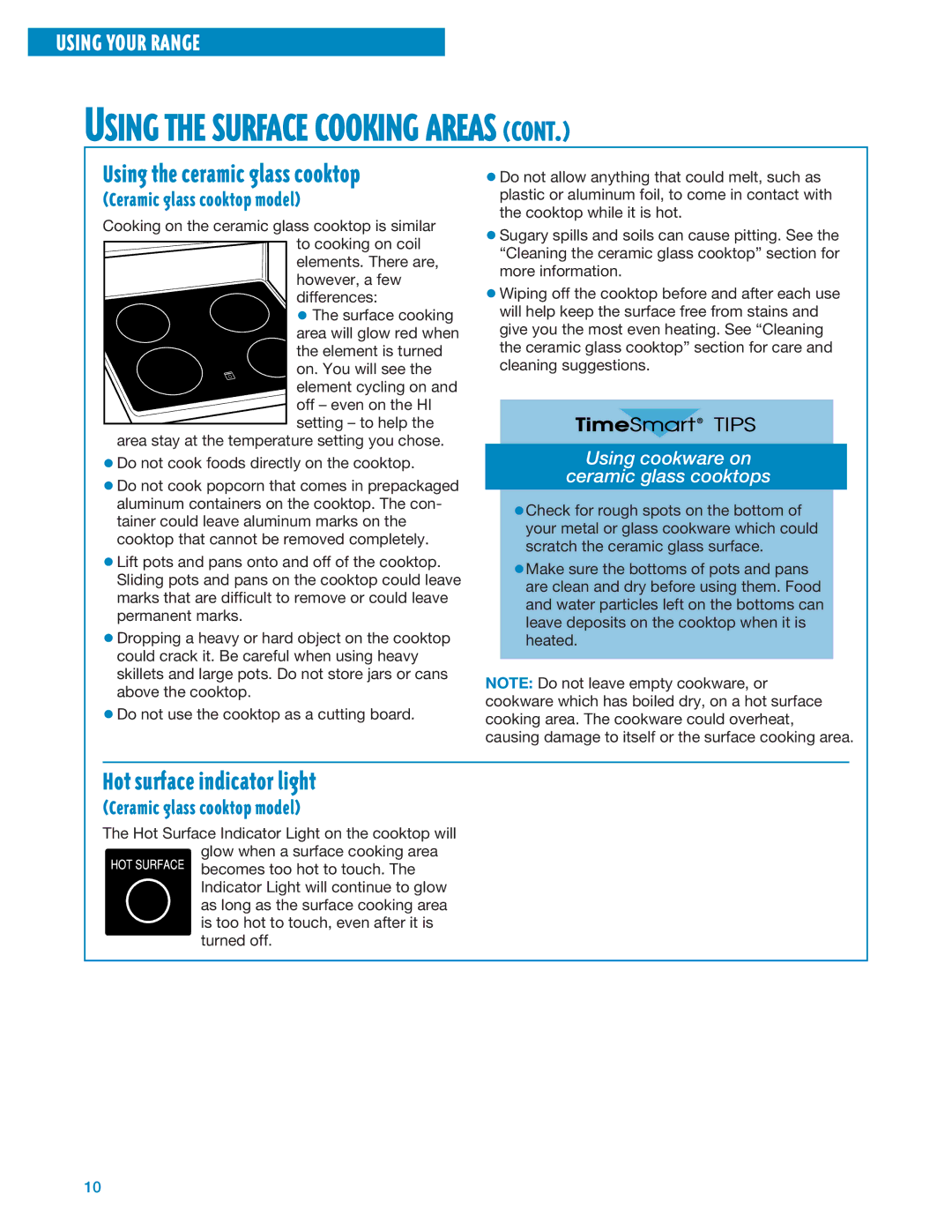 Whirlpool RF324PXE, RF325PXE manual Hot surface indicator light, Using cookware on Ceramic glass cooktops 